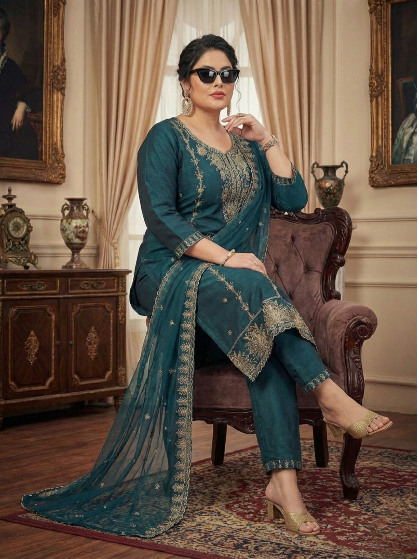Women’s Deep Teal Embroidered Kurta Pant Set with Dupatta | Plus Size 3XL, 4XL, 5XL