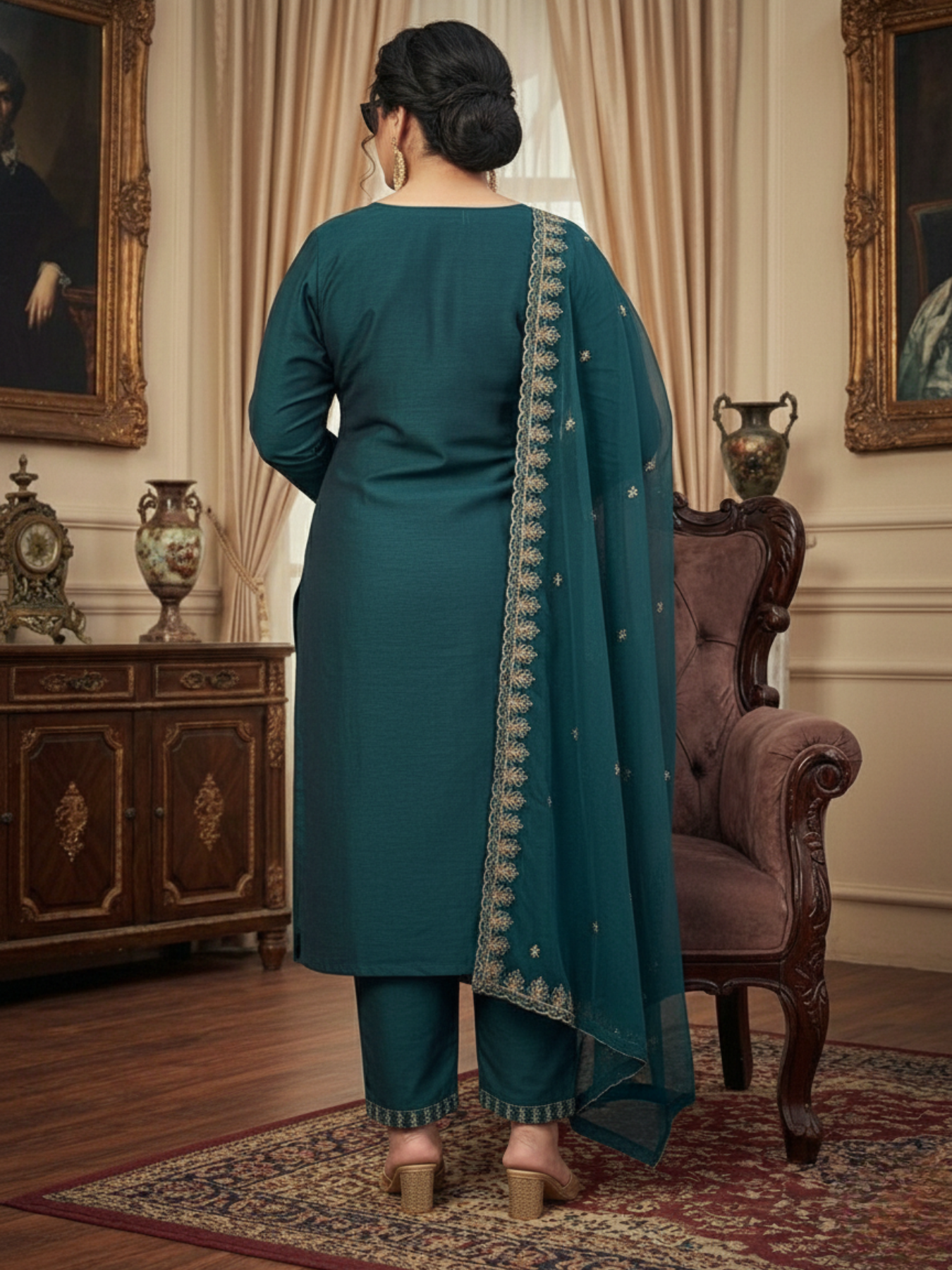 Women’s Deep Teal Embroidered Kurta Pant Set with Dupatta | Plus Size 3XL, 4XL, 5XL