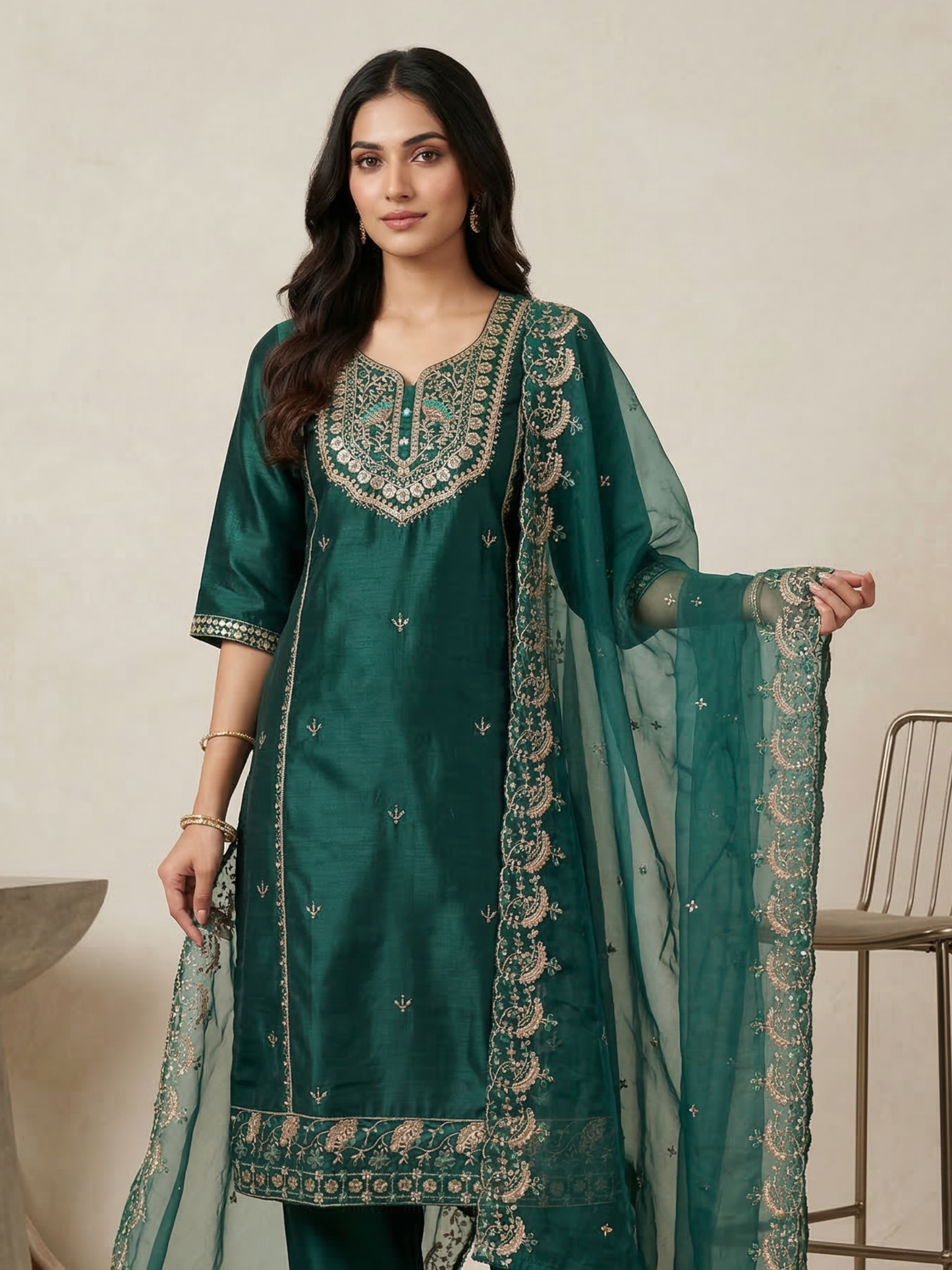 Emerald Green Heavy Embroidered Silk Blend Kurta Pant Set with Sheer Dupatta – Festive & Wedding Wear | Plus Size (3XL, 4XL, 5XL)