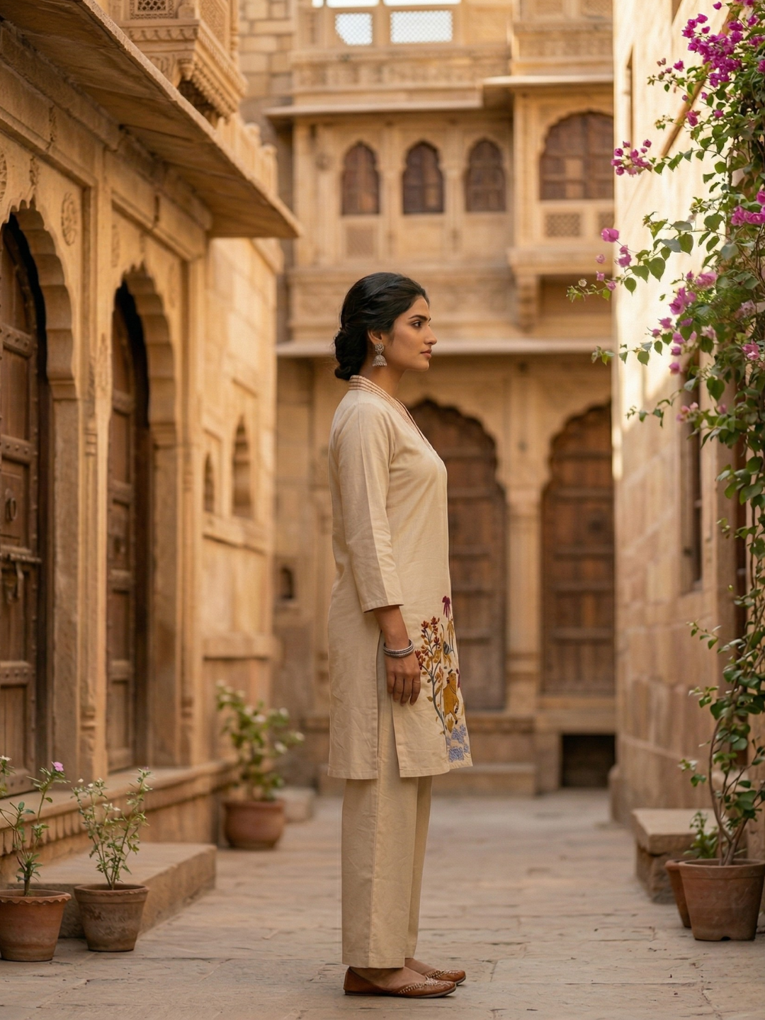 Beige Folk Embroidered Pure Cotton Kurta Pant Set | Summer Collection | Sizes M to XXL