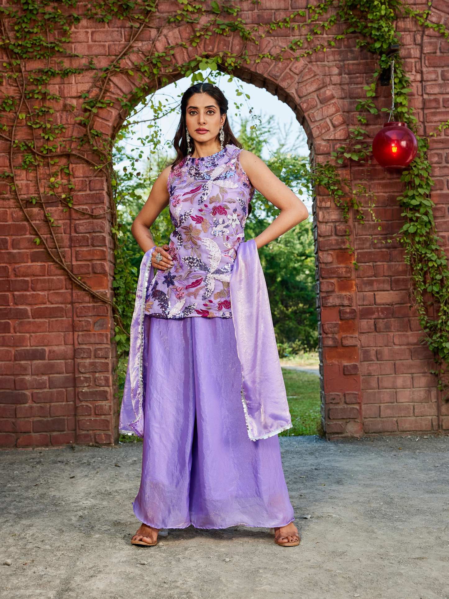 Lavender Tissue Co-Ord Set for Women | Sleeveless Kurti, Palazzo & Dupatta with Floral Work | Festive & Party Wear