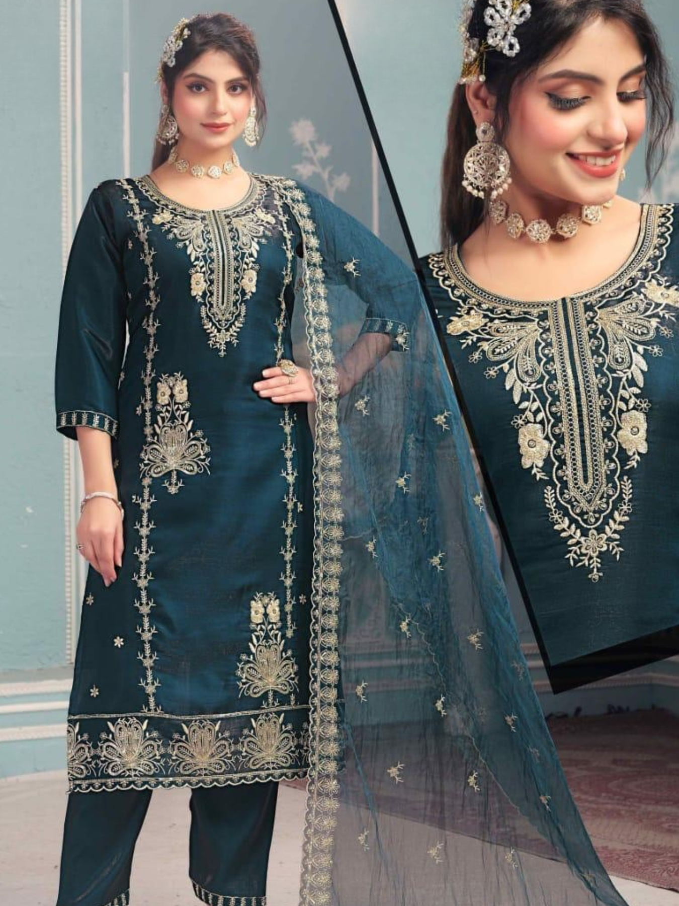 Women’s Deep Teal Embroidered Kurta Pant Set with Dupatta | Plus Size 3XL, 4XL, 5XL