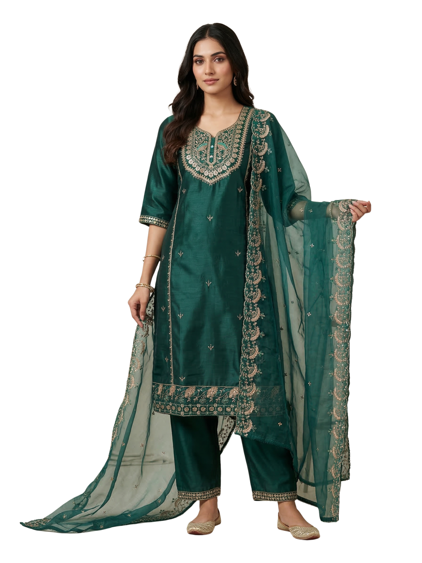 Emerald Green Heavy Embroidered Silk Blend Kurta Pant Set with Sheer Dupatta – Festive & Wedding Wear | Plus Size (3XL, 4XL, 5XL)
