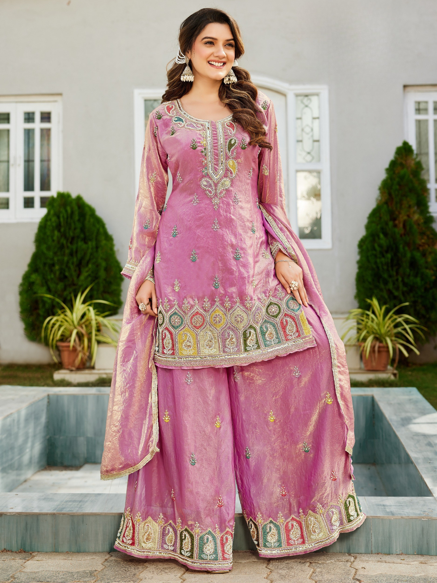 Jaipuri Blush Pink Embroidered Kurta Palazzo Set with Dupatta | Marriage and festive wear