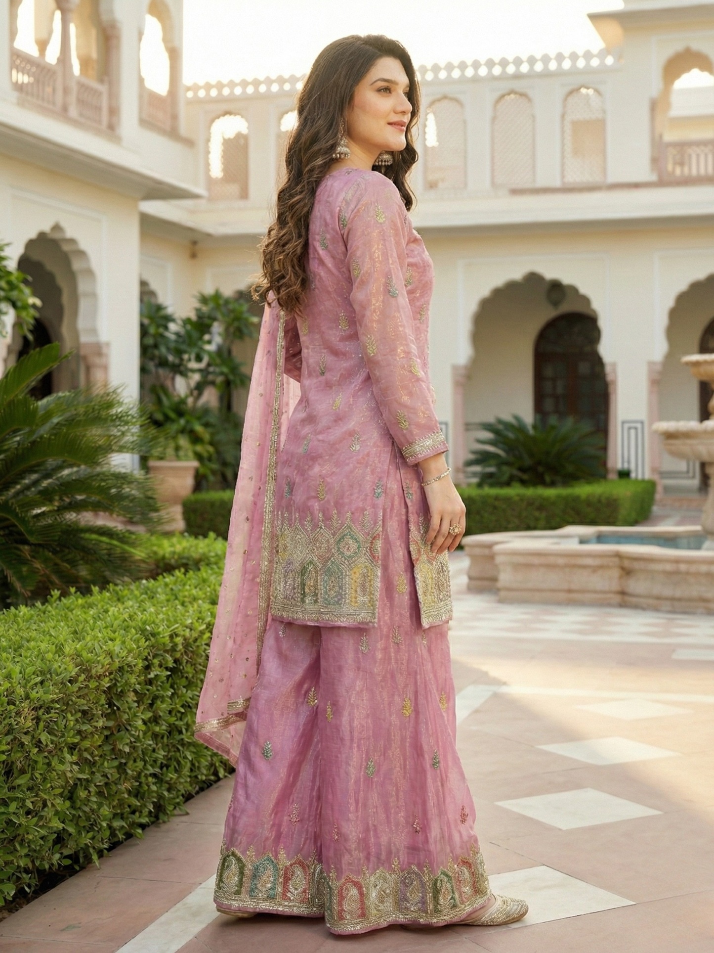 Jaipuri Blush Pink Embroidered Kurta Palazzo Set with Dupatta | Marriage and festive wear