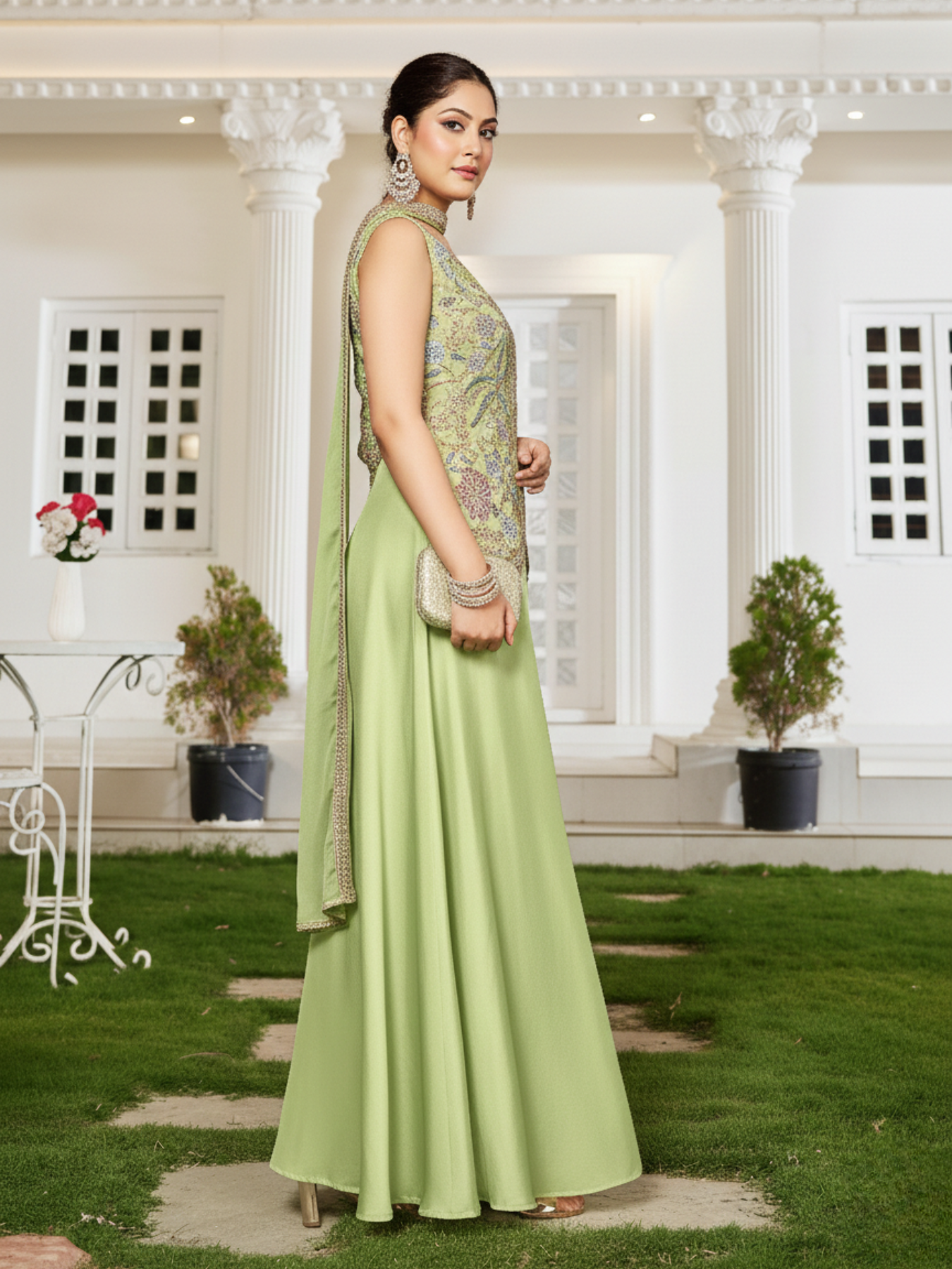 Women’s Pistachio Green Embroidered Indo-Western Palazzo Set with Dupatta