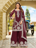 Women’s Maroon Embroidered Kurta Palazzo Set with Dupatta | Festive Wear Ensemble
