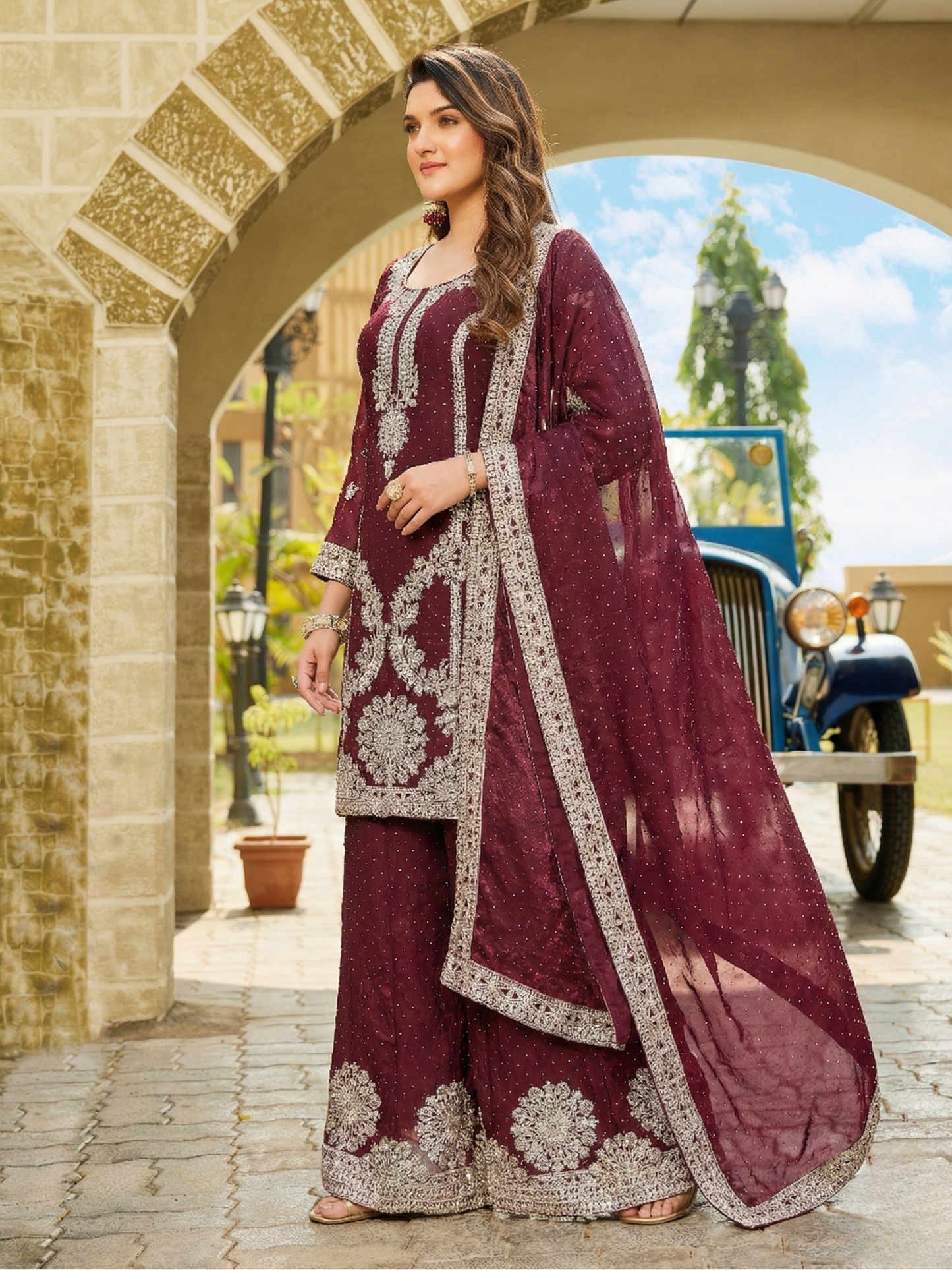 Women’s Maroon Embroidered Kurta Palazzo Set with Dupatta | Festive Wear Ensemble
