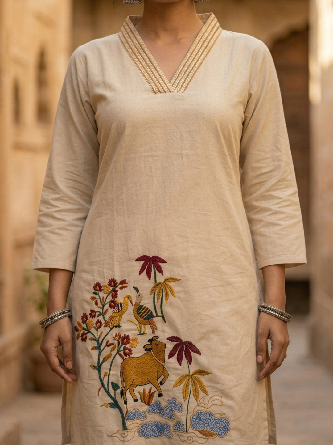 Beige Folk Embroidered Pure Cotton Kurta Pant Set | Summer Collection | Sizes M to XXL