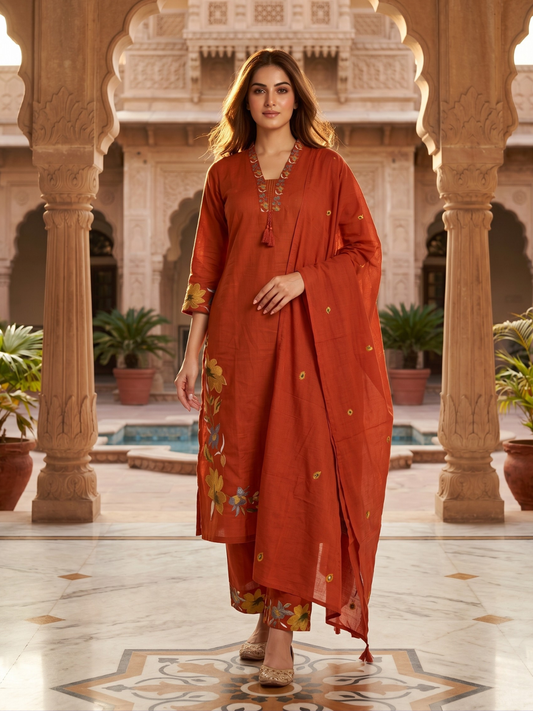 Elegant Rust Orange Embroidered Kurta Pant Dupatta Set for Women (M to XXL)