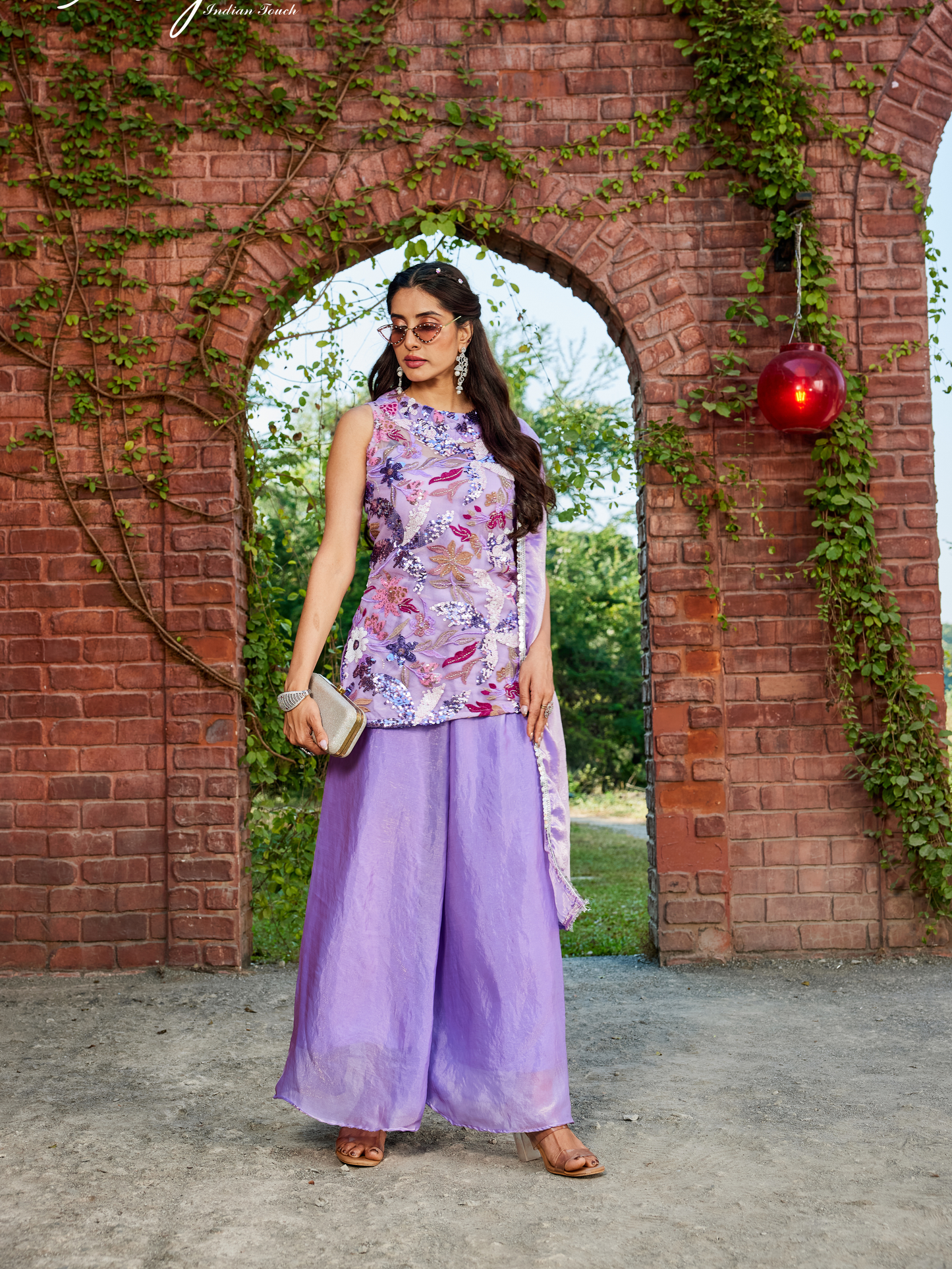 Lavender Tissue Co-Ord Set for Women | Sleeveless Kurti, Palazzo & Dupatta with Floral Work | Festive & Party Wear