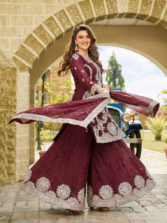 Women’s Maroon Embroidered Kurta Palazzo Set with Dupatta | Festive Wear Ensemble