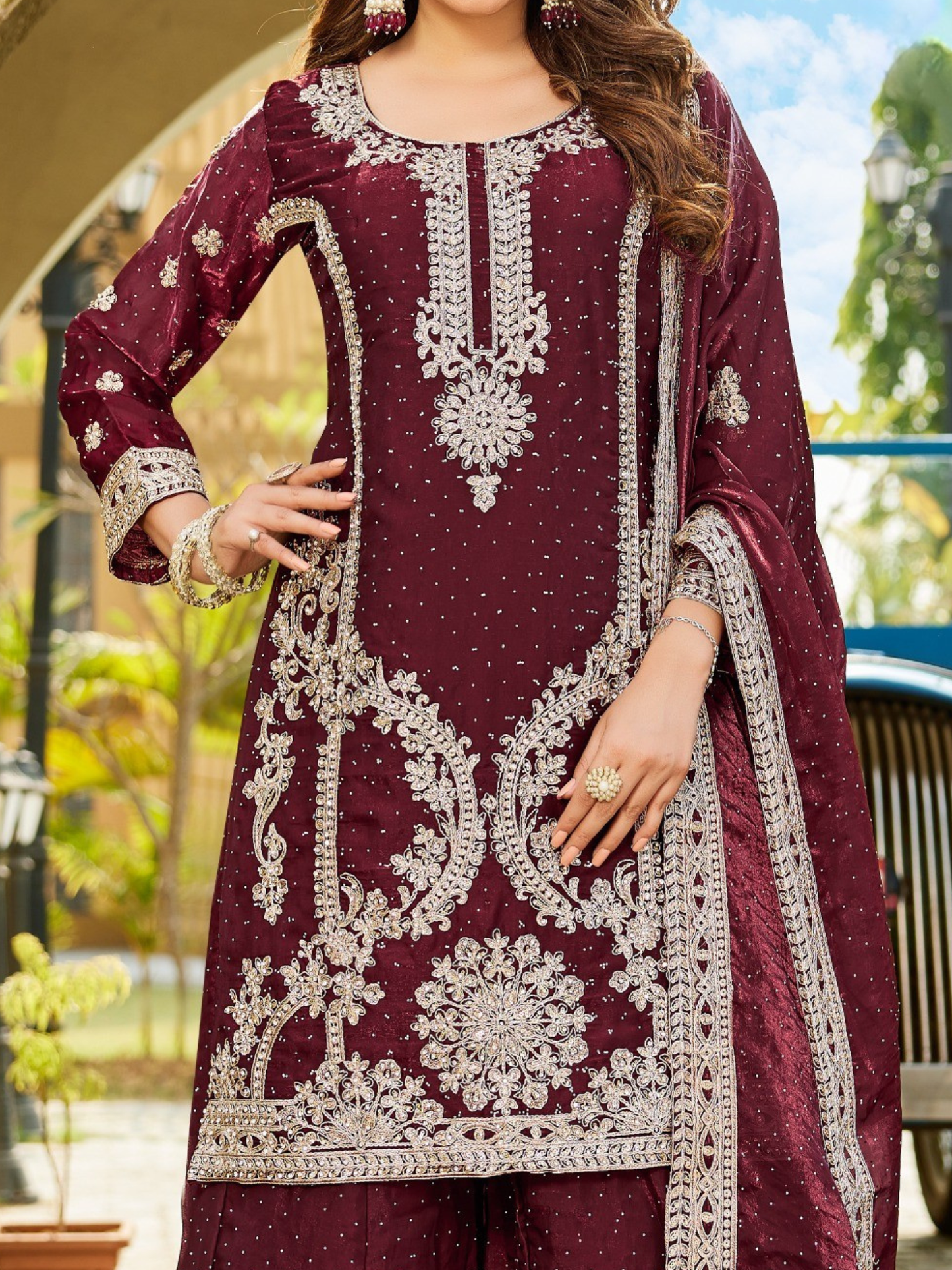 Women’s Maroon Embroidered Kurta Palazzo Set with Dupatta | Festive Wear Ensemble