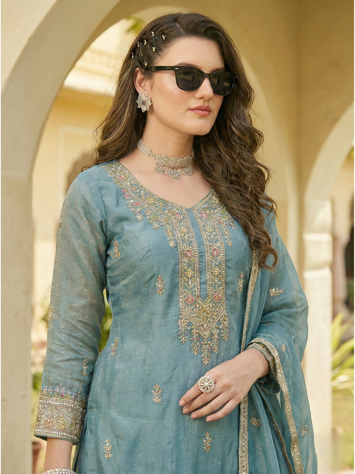 Women’s Teal Blue Embroidered Kurta Palazzo Set with Dupatta | Festive & Occasion Wear