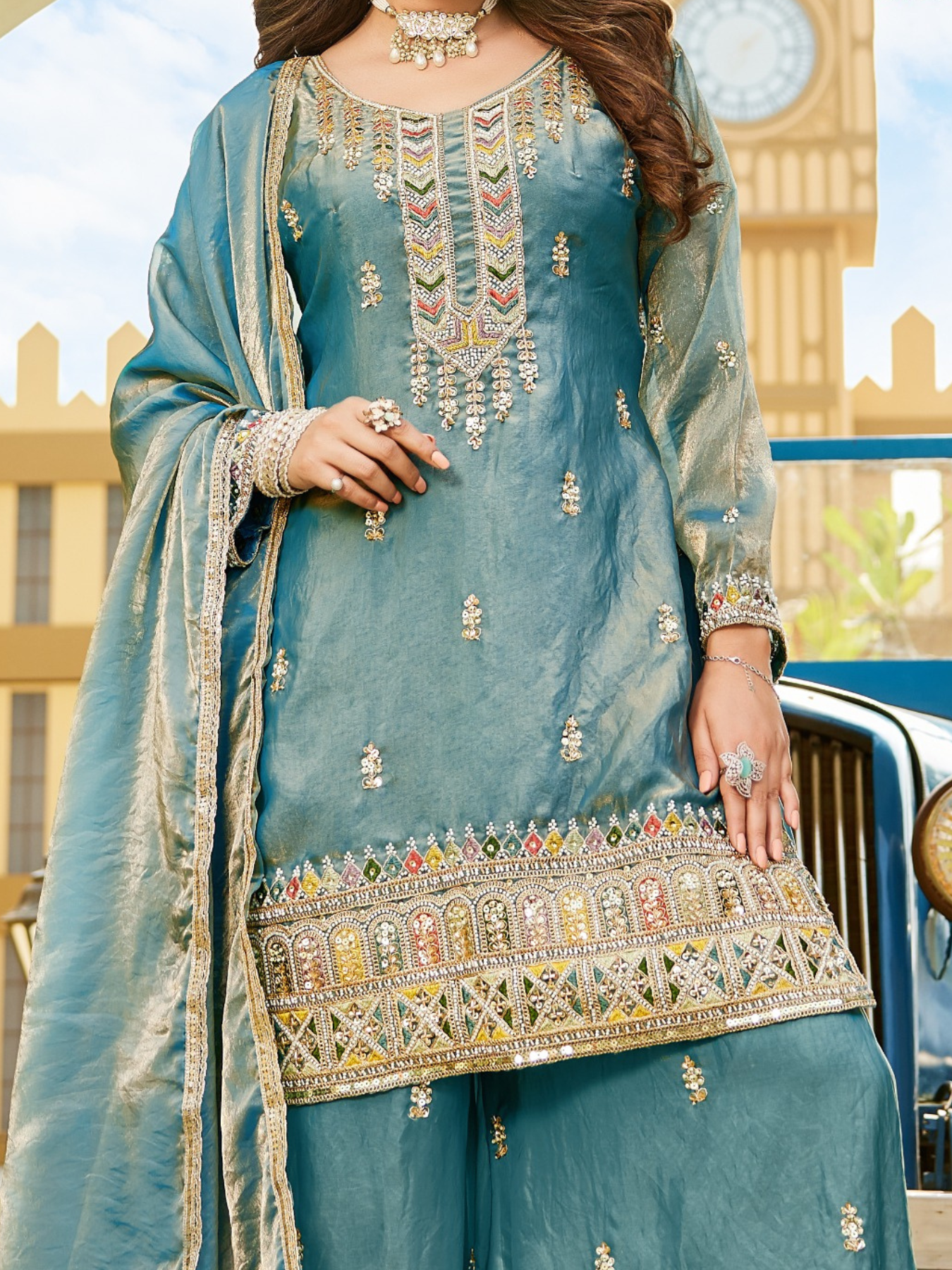 Women’s Teal Blue Embroidered Kurta Palazzo Set with Dupatta | Festive & Occasion Wear