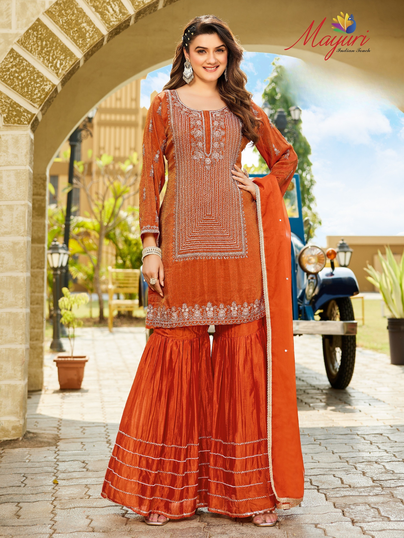 Women’s Rust Orange Embroidered Kurta Sharara Set with Dupatta | Festive & Occasion Wear