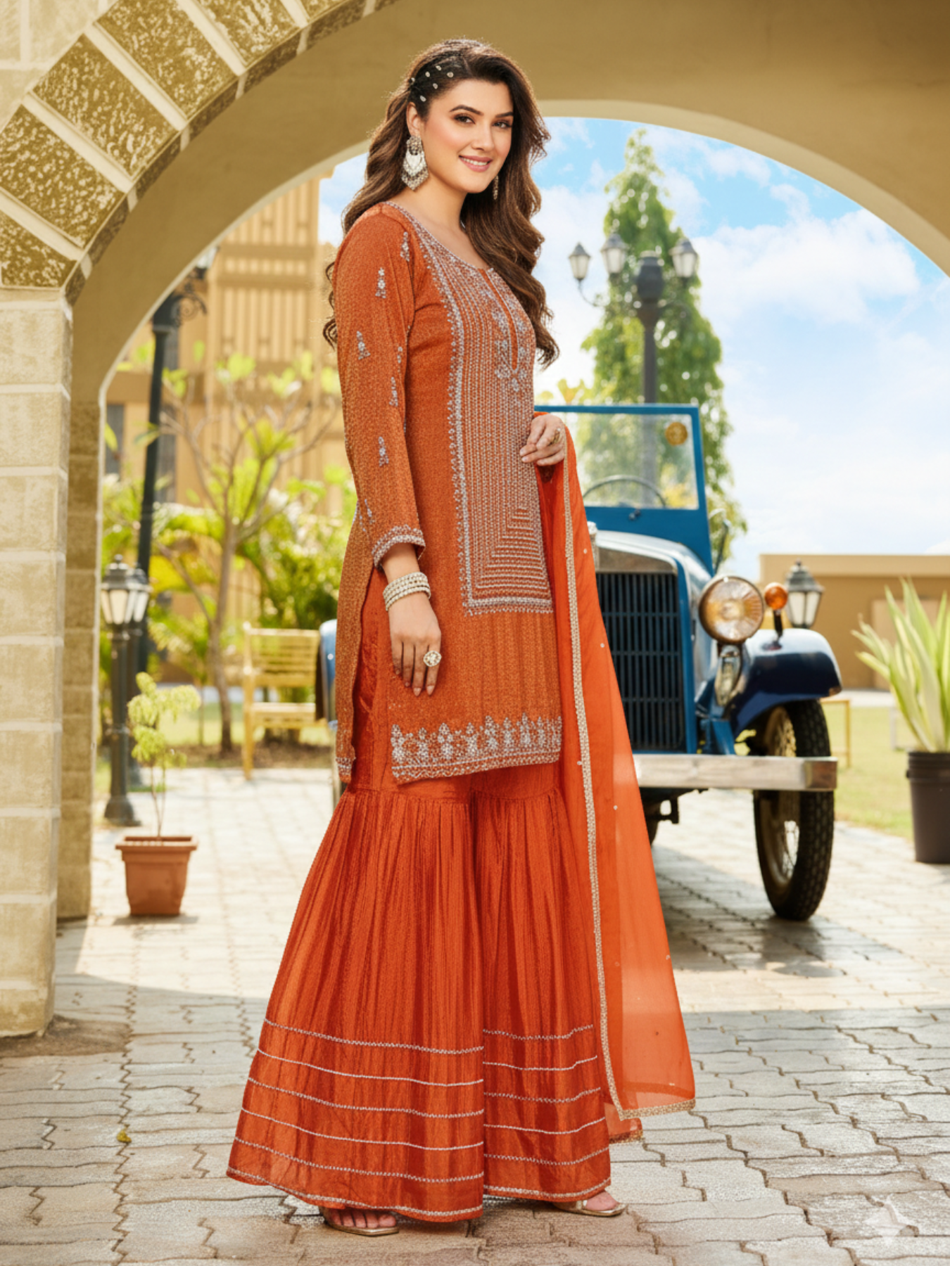 Women’s Rust Orange Embroidered Kurta Sharara Set with Dupatta | Festive & Occasion Wear