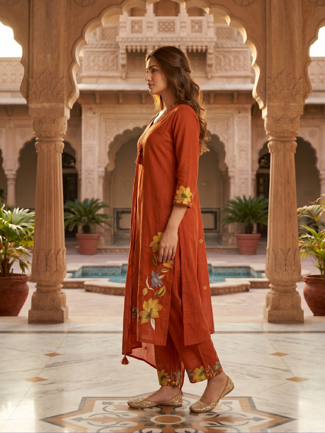 Elegant Rust Orange Embroidered Kurta Pant Dupatta Set for Women (M to XXL)