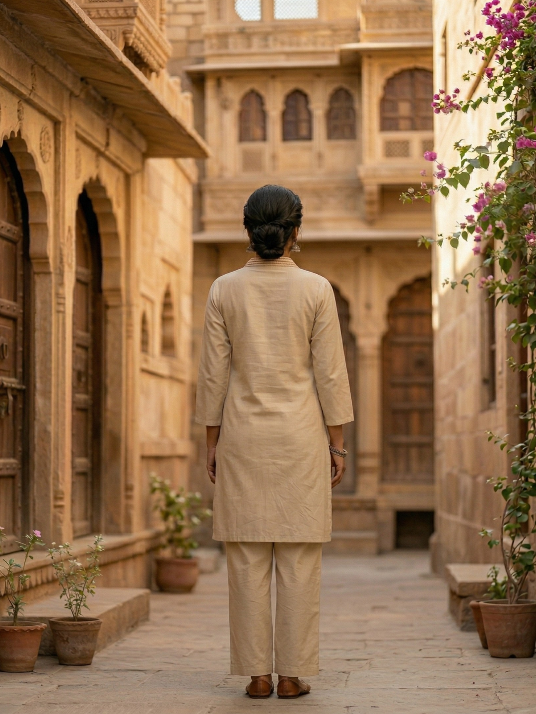 Beige Folk Embroidered Pure Cotton Kurta Pant Set | Summer Collection | Sizes M to XXL