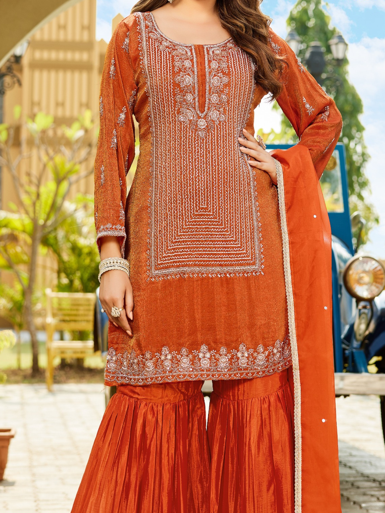 Women’s Rust Orange Embroidered Kurta Sharara Set with Dupatta | Festive & Occasion Wear