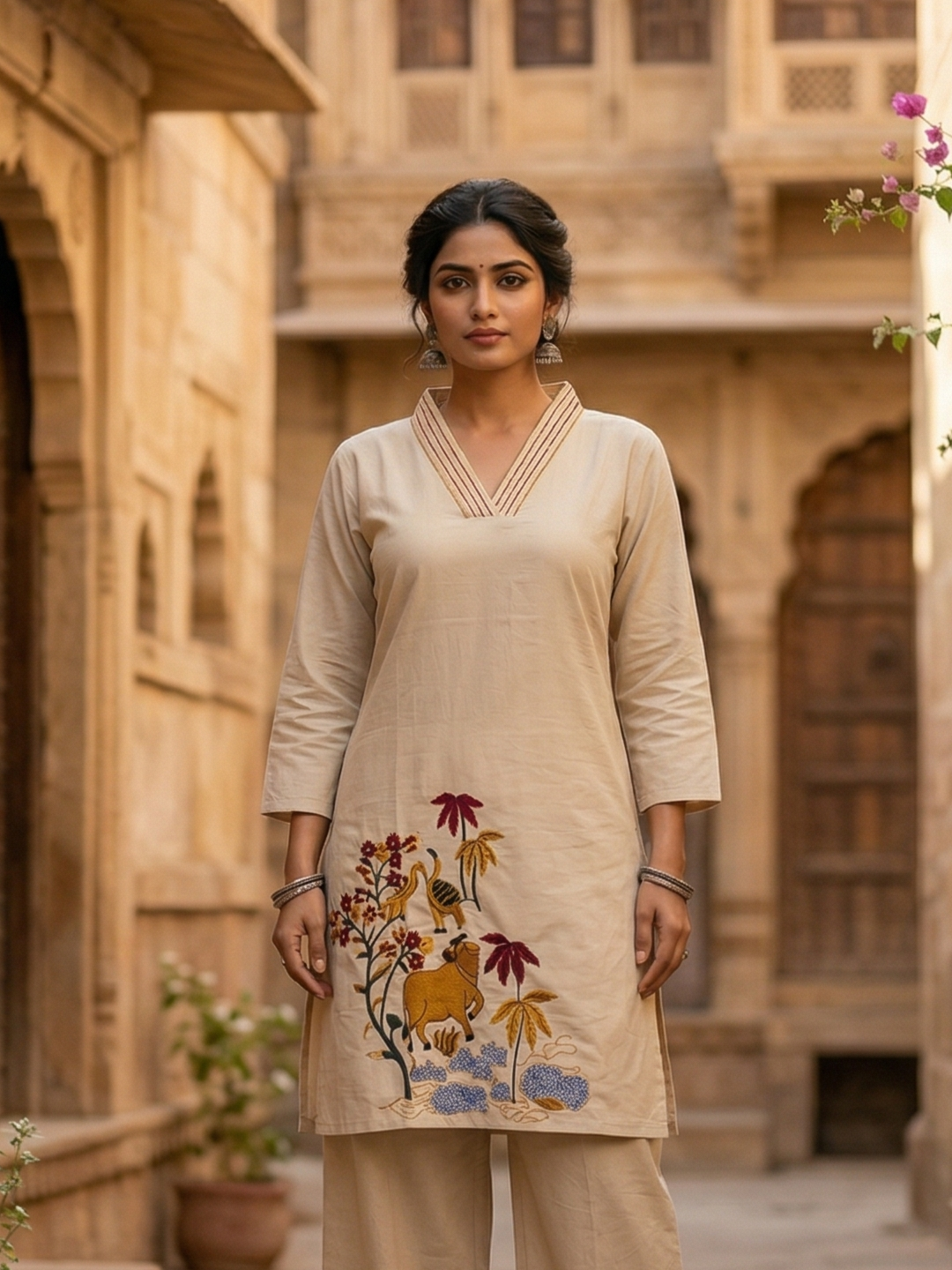 Beige Folk Embroidered Pure Cotton Kurta Pant Set | Summer Collection | Sizes M to XXL