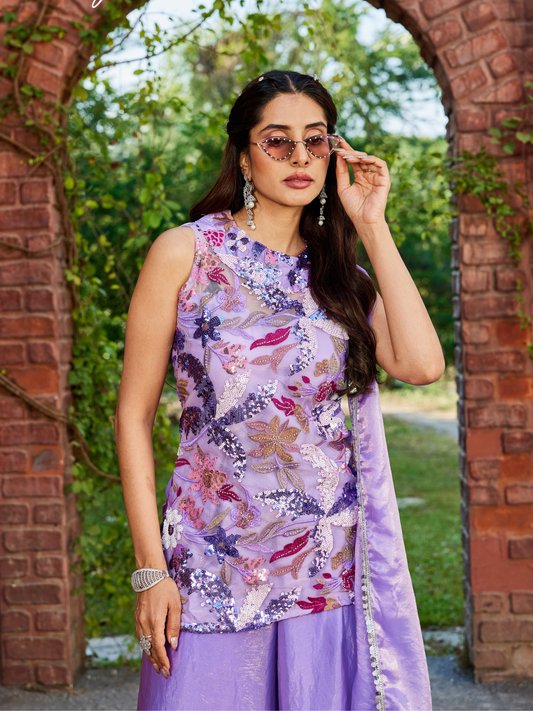 Lavender Tissue Co-Ord Set for Women | Sleeveless Kurti, Palazzo & Dupatta with Floral Work | Festive & Party Wear