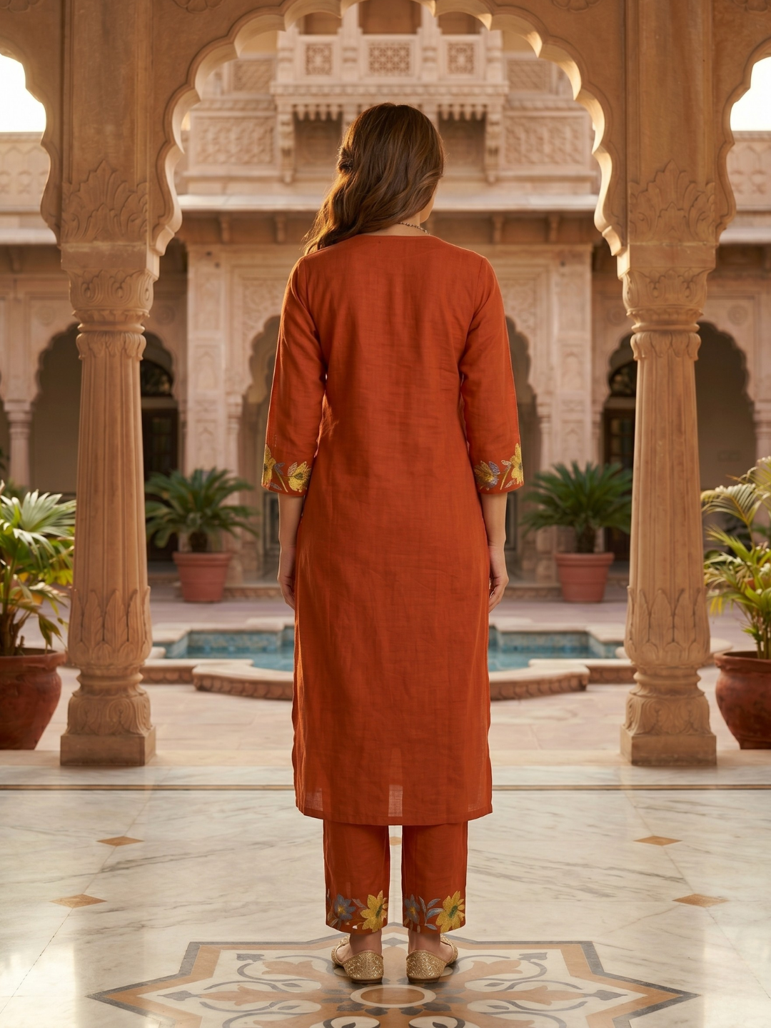 Elegant Rust Orange Embroidered Kurta Pant Dupatta Set for Women (M to XXL)