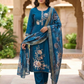 Peacock Blue Embroidered Kurta Pant Set with Printed Dupatta – Elegant Festive Ethnic Wear