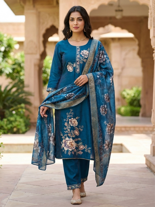Peacock Blue Embroidered Kurta Pant Set with Printed Dupatta – Elegant Festive Ethnic Wear