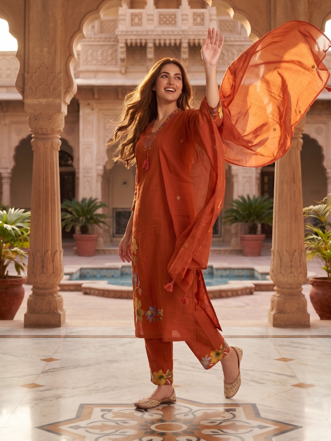 Elegant Rust Orange Embroidered Kurta Pant Dupatta Set for Women (M to XXL)