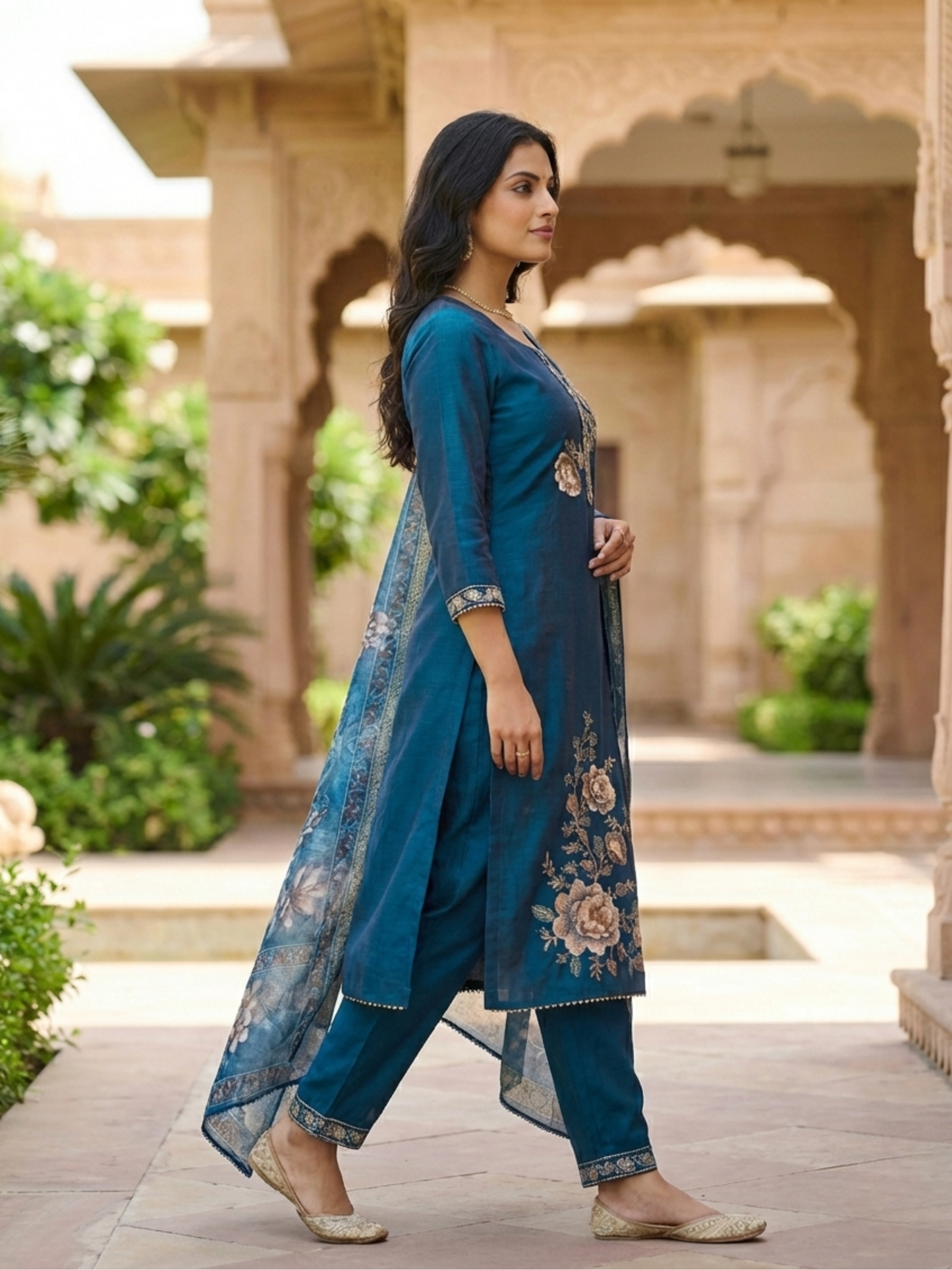 Peacock Blue Embroidered Kurta Pant Set with Printed Dupatta – Elegant Festive Ethnic Wear