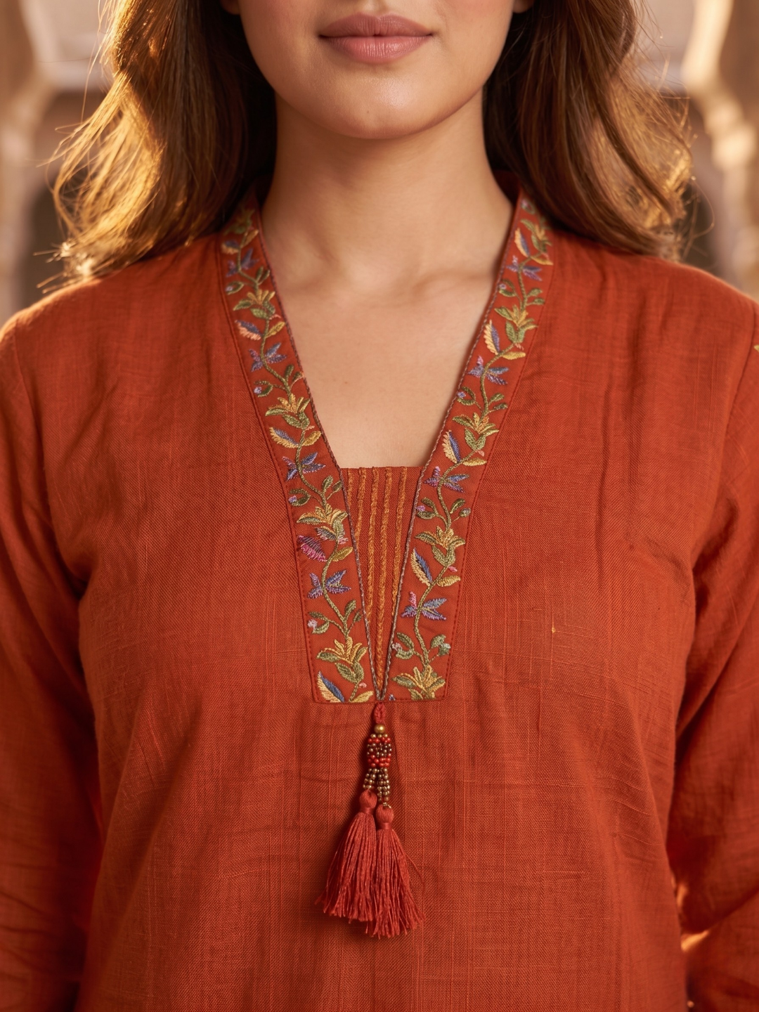 Elegant Rust Orange Embroidered Kurta Pant Dupatta Set for Women (M to XXL)