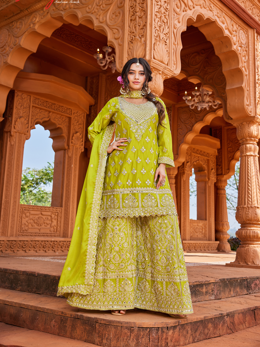 Olive Green Tissue Suit Set for Women | 3-Piece Kurta, Palazzo & Dupatta with Heavy Work | Festive & Wedding Wear