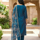 Peacock Blue Embroidered Kurta Pant Set with Printed Dupatta – Elegant Festive Ethnic Wear