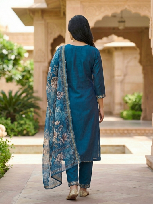 Peacock Blue Embroidered Kurta Pant Set with Printed Dupatta – Elegant Festive Ethnic Wear