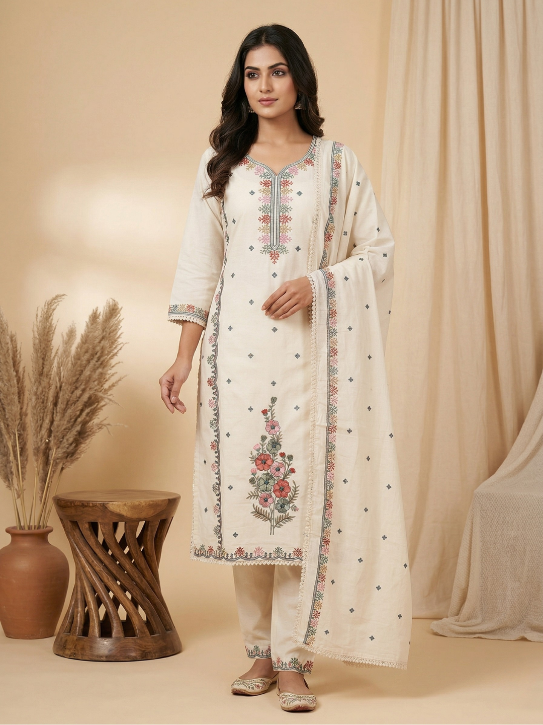 Ivory Pastel Embroidered Pure Cotton Kurta Pant Set with Dupatta | Summer Collection | Sizes M to XXL