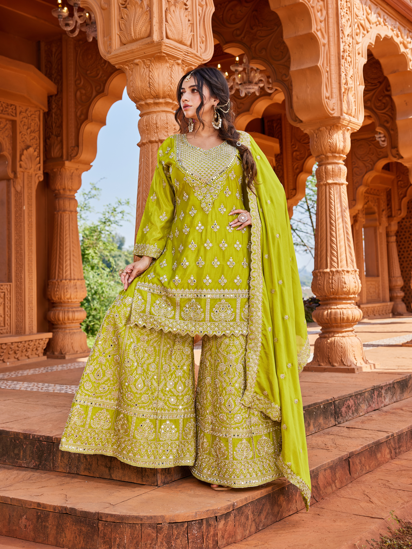 Olive Green Tissue Suit Set for Women | 3-Piece Kurta, Palazzo & Dupatta with Heavy Work | Festive & Wedding Wear