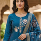 Peacock Blue Embroidered Kurta Pant Set with Printed Dupatta – Elegant Festive Ethnic Wear