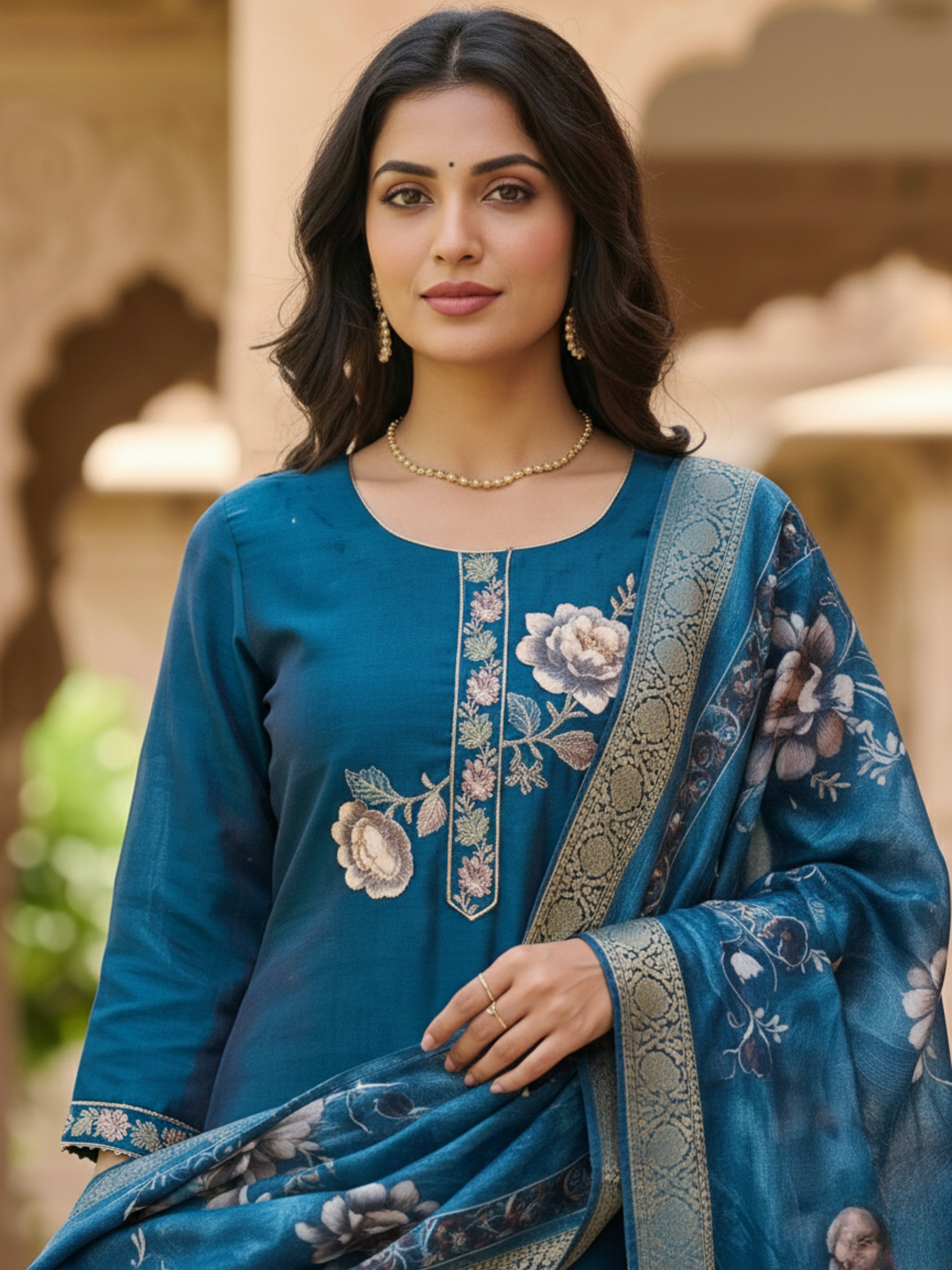 Peacock Blue Embroidered Kurta Pant Set with Printed Dupatta – Elegant Festive Ethnic Wear