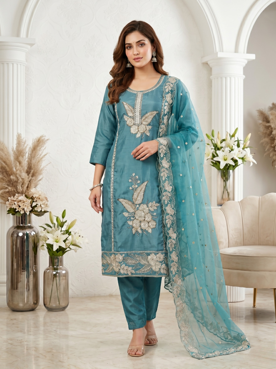 Elegant Teal Blue Embroidered Kurta Pant Dupatta Set for Women (M to XXL)
