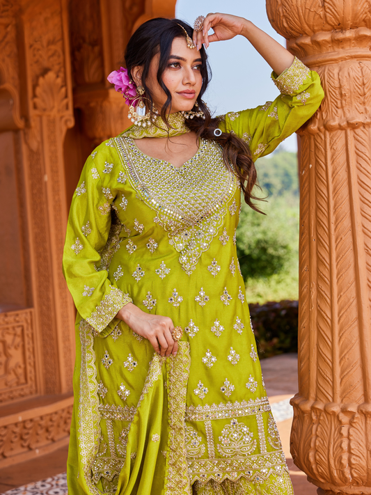 Olive Green Tissue Suit Set for Women | 3-Piece Kurta, Palazzo & Dupatta with Heavy Work | Festive & Wedding Wear