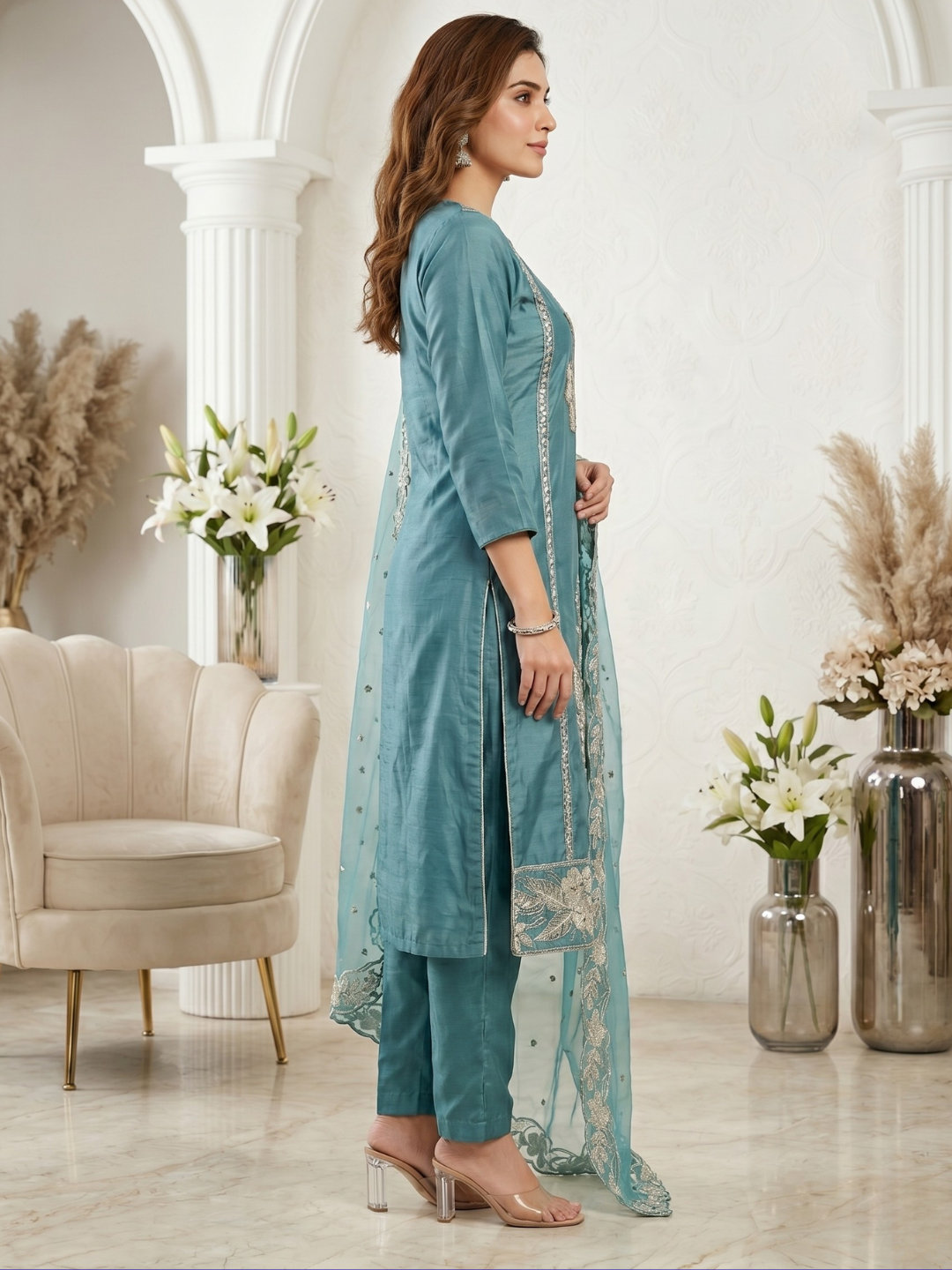 Elegant Teal Blue Embroidered Kurta Pant Dupatta Set for Women (M to XXL)