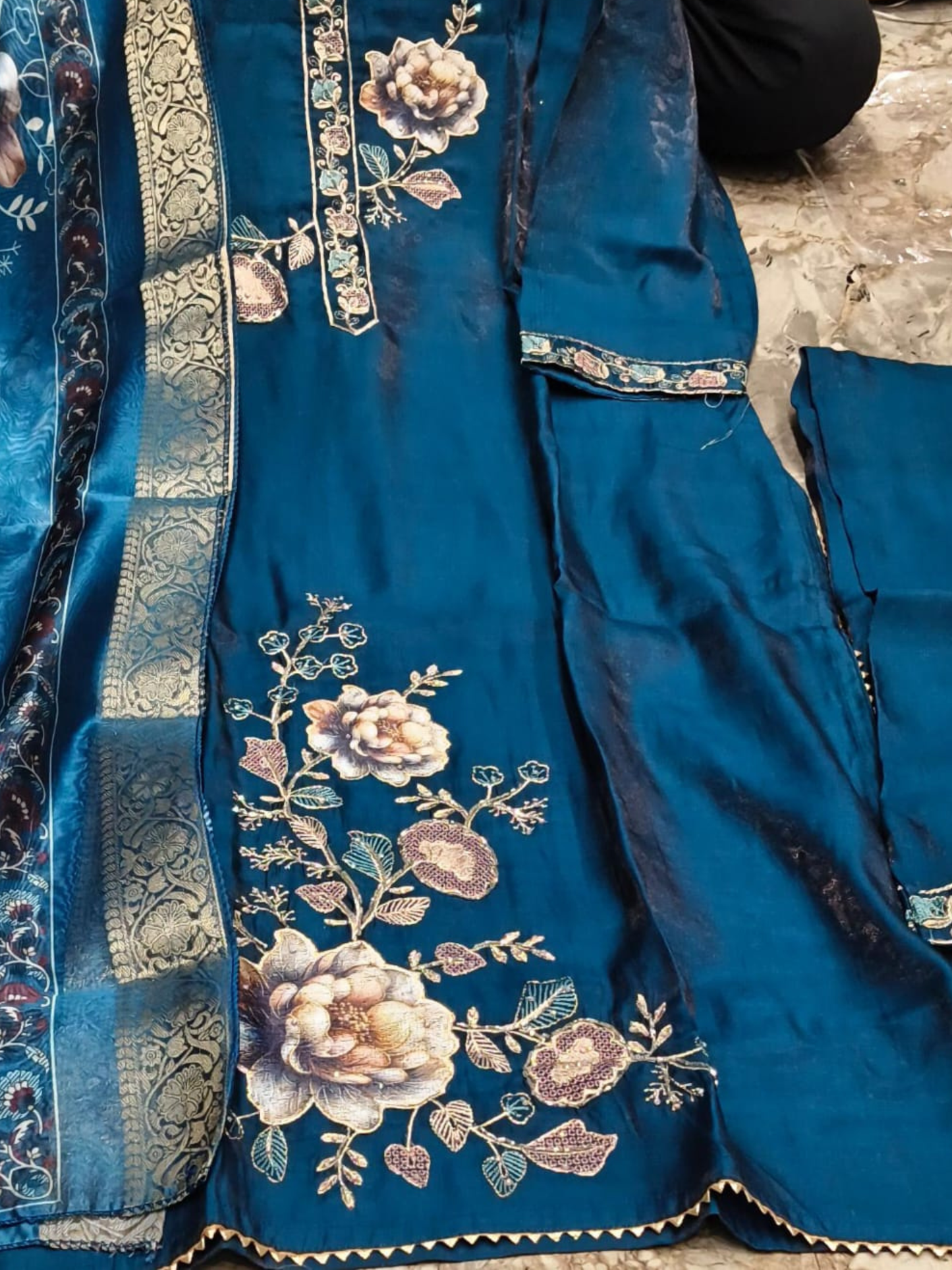 Peacock Blue Embroidered Kurta Pant Set with Printed Dupatta – Elegant Festive Ethnic Wear