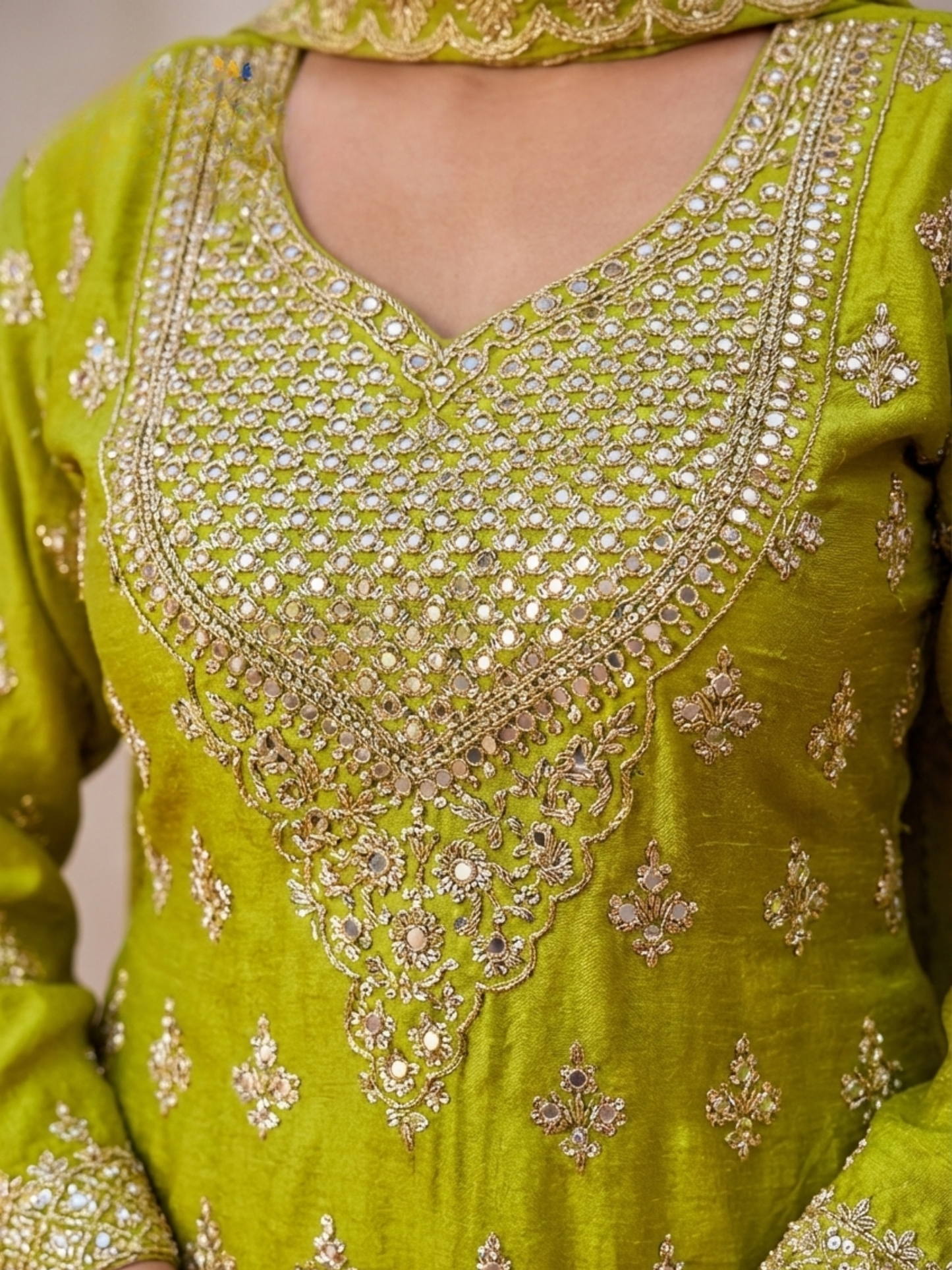 Olive Green Tissue Suit Set for Women | 3-Piece Kurta, Palazzo & Dupatta with Heavy Work | Festive & Wedding Wear