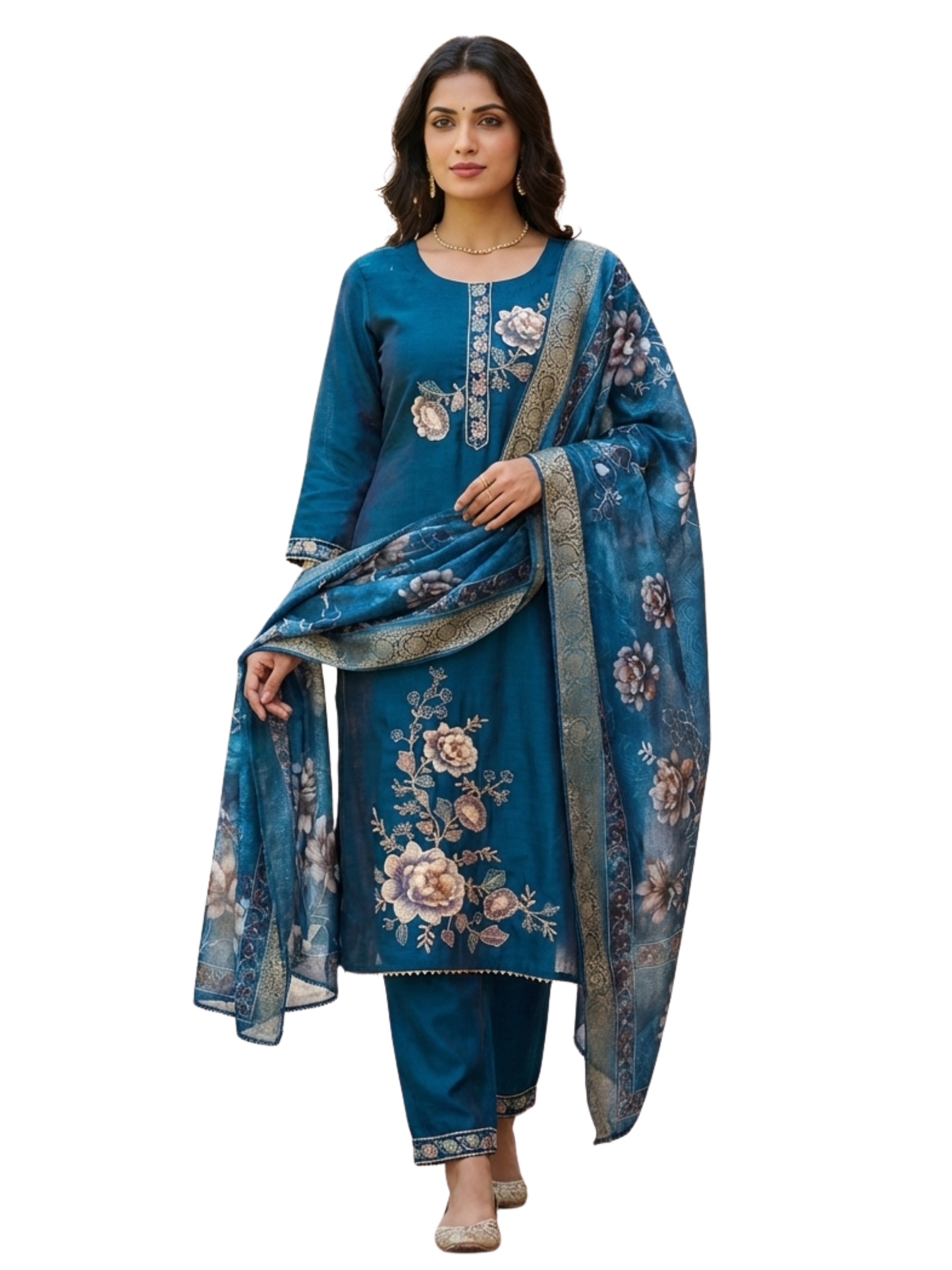 Peacock Blue Embroidered Kurta Pant Set with Printed Dupatta – Elegant Festive Ethnic Wear
