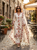 Ivory Red Floral Embroidered Pure Cotton Kurta Pant Set with Dupatta Summer Special Ethnic Wear | Sizes M to XXL