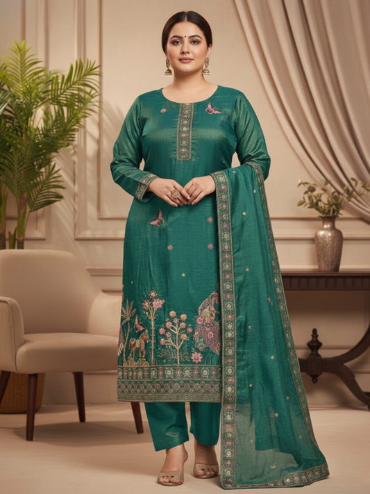 Emerald Green Embroidered Silk Blend Kurta Pant Set with Dupatta – Plus Size (3XL, 4XL, 5XL)