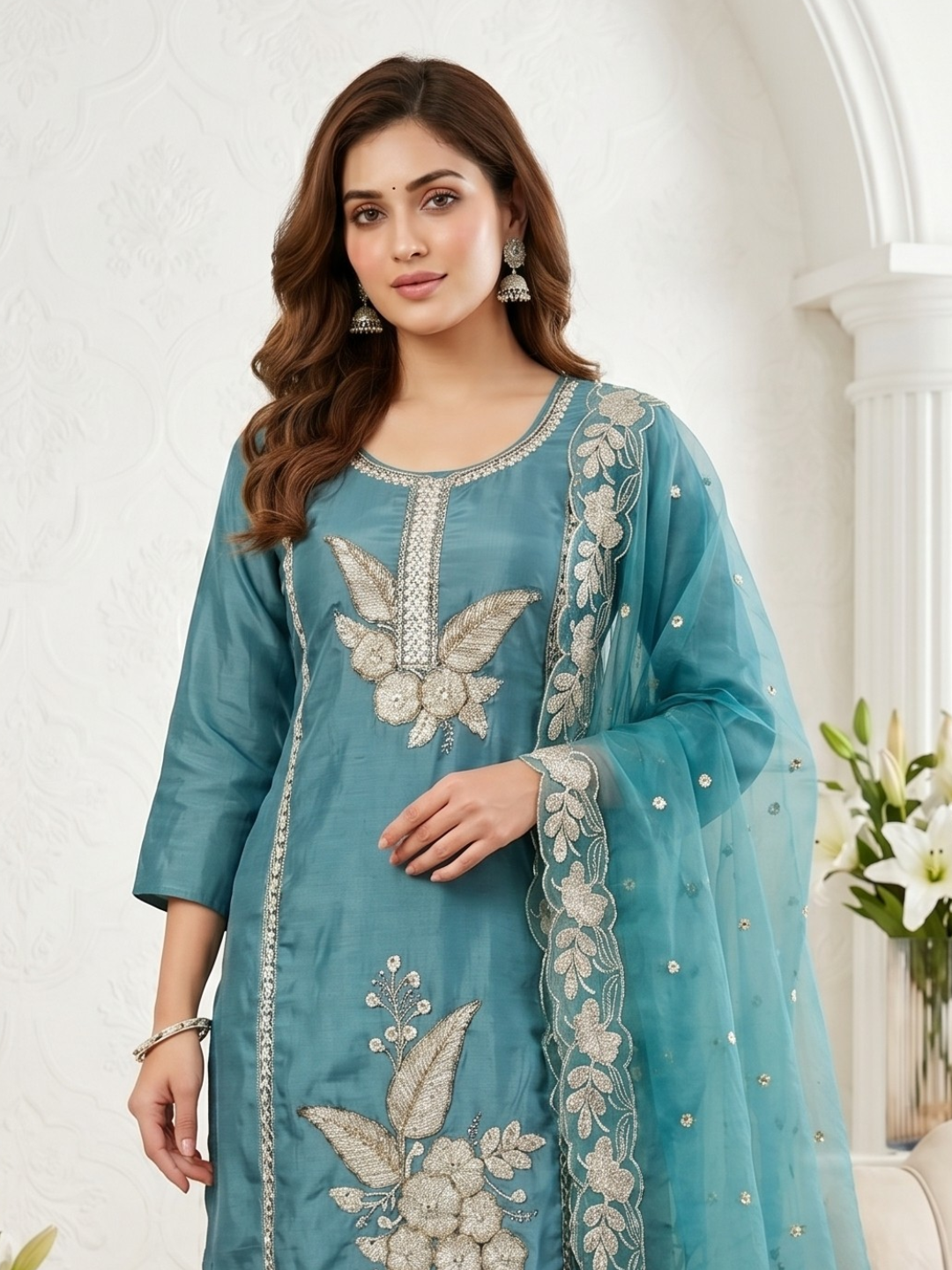 Elegant Teal Blue Embroidered Kurta Pant Dupatta Set for Women (M to XXL)