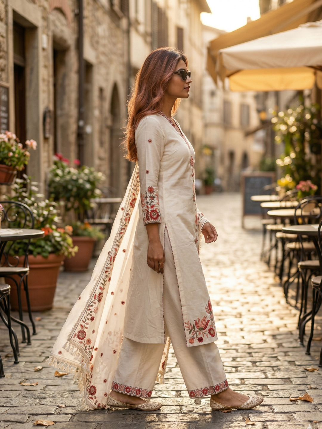 Ivory Red Floral Embroidered Pure Cotton Kurta Pant Set with Dupatta Summer Special Ethnic Wear | Sizes M to XXL