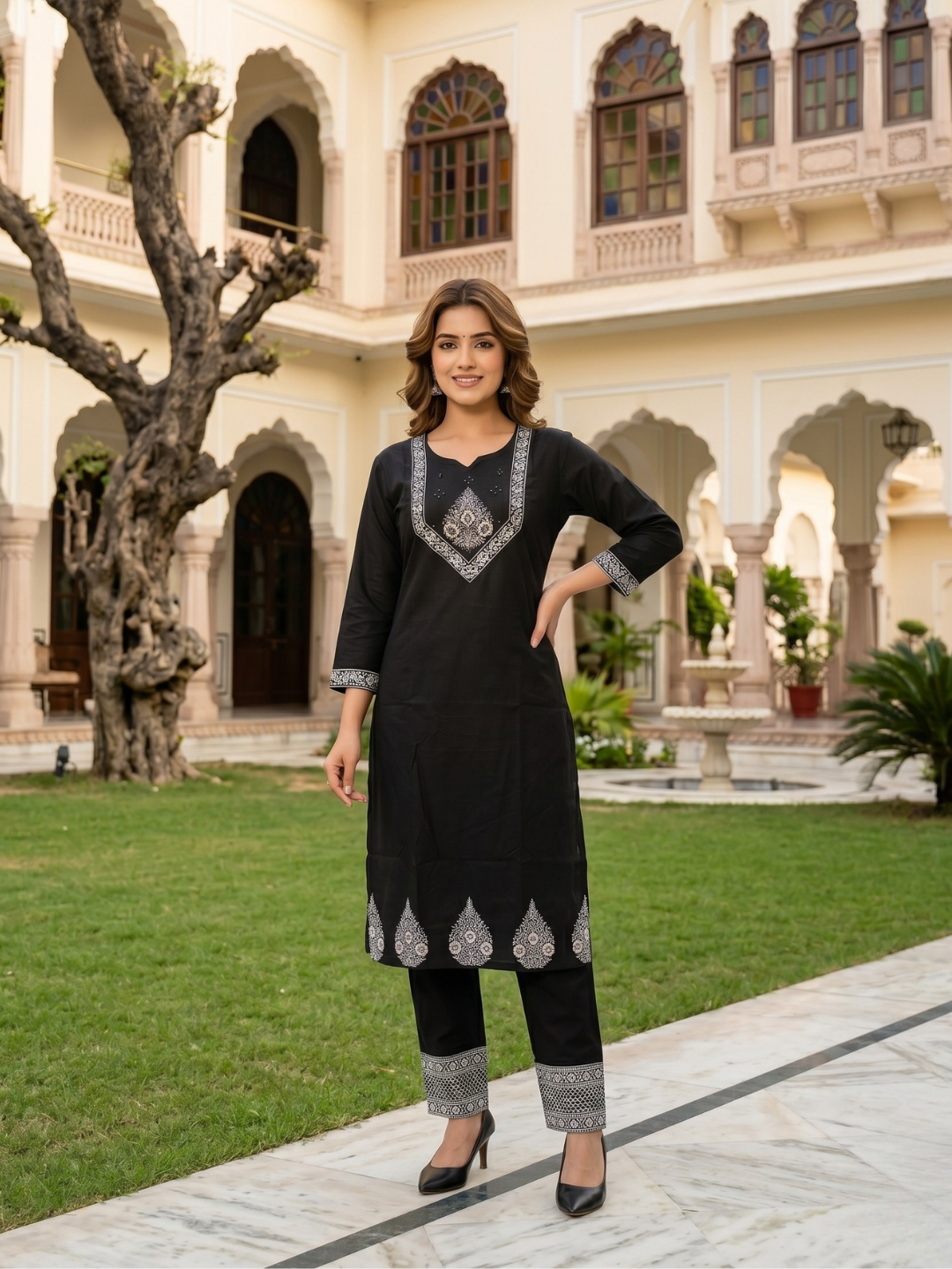 Classic Black Embroidered Kurta Pant Set for Women (M to XXL)